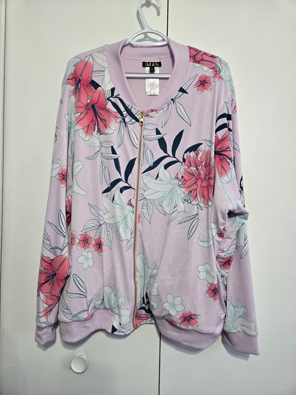 IMAN Pink Floral Bomber Jacket Women 3X Lightweight Zip Front Plus Size